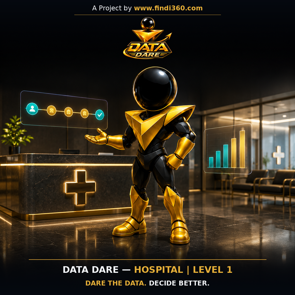 Data Dare healthcare L1 sticker: the findi360 mascot analysing Outpatient Service Performance.