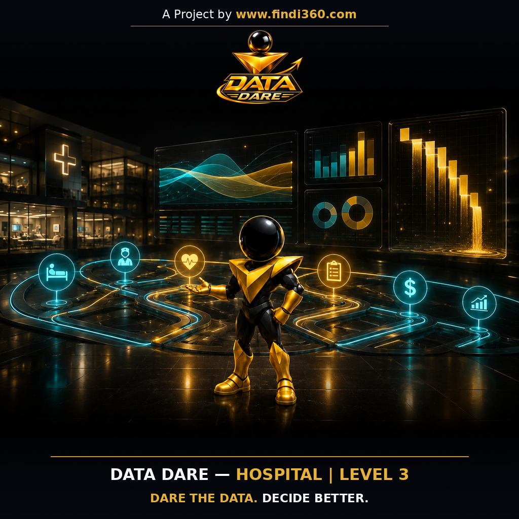 Data Dare healthcare L3 sticker: the findi360 mascot analysing Hospital Revenue Cycle and Service Profitability.
