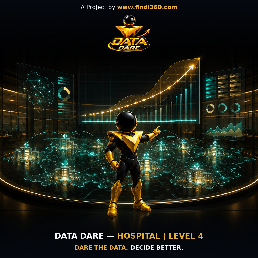 Data Dare healthcare L4 sticker: the findi360 mascot analysing Hospital Network Performance and Capacity Planning.