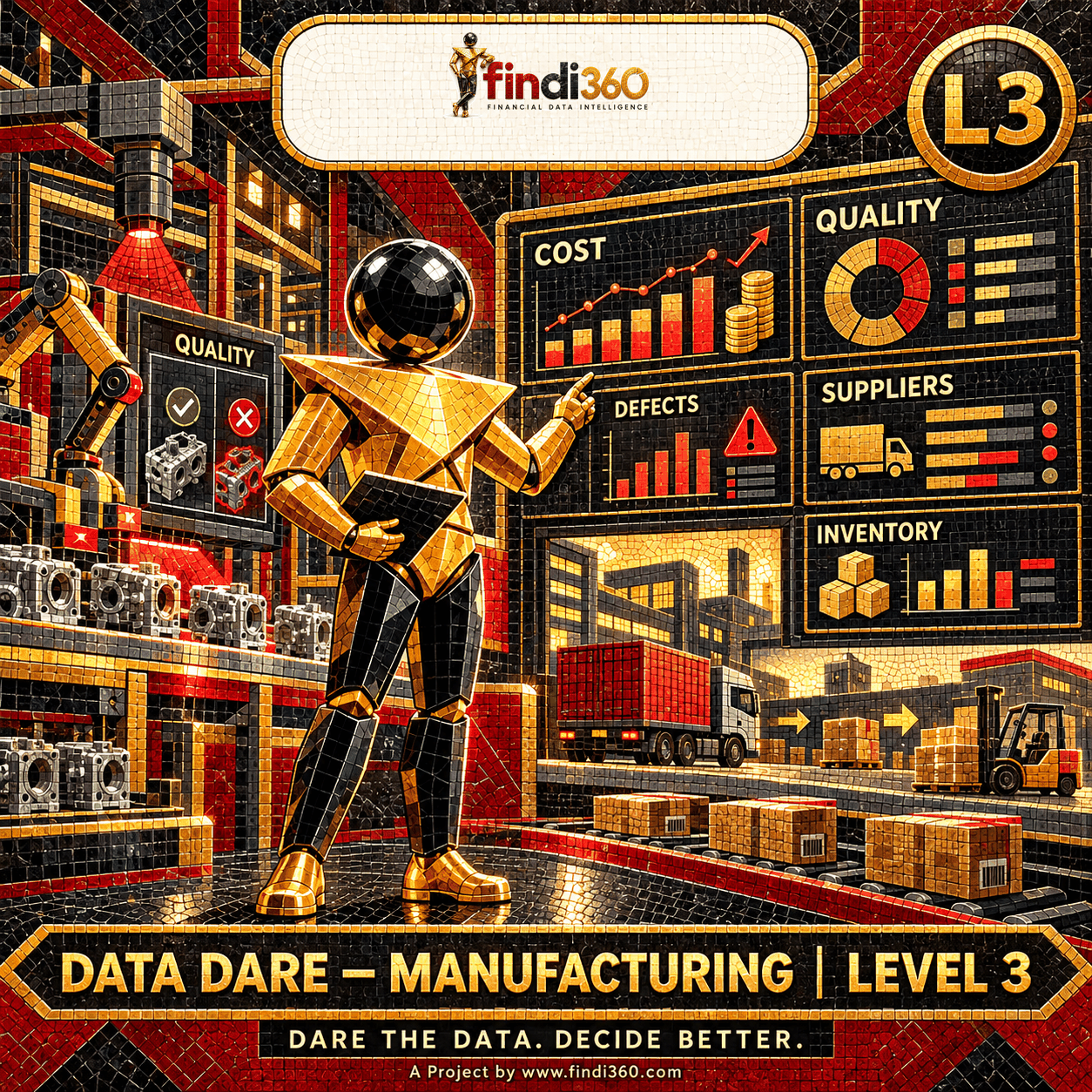 Data Dare manufacturing L3 sticker: the findi360 mascot analysing Manufacturing Cost, Quality and Supply Chain Performance.