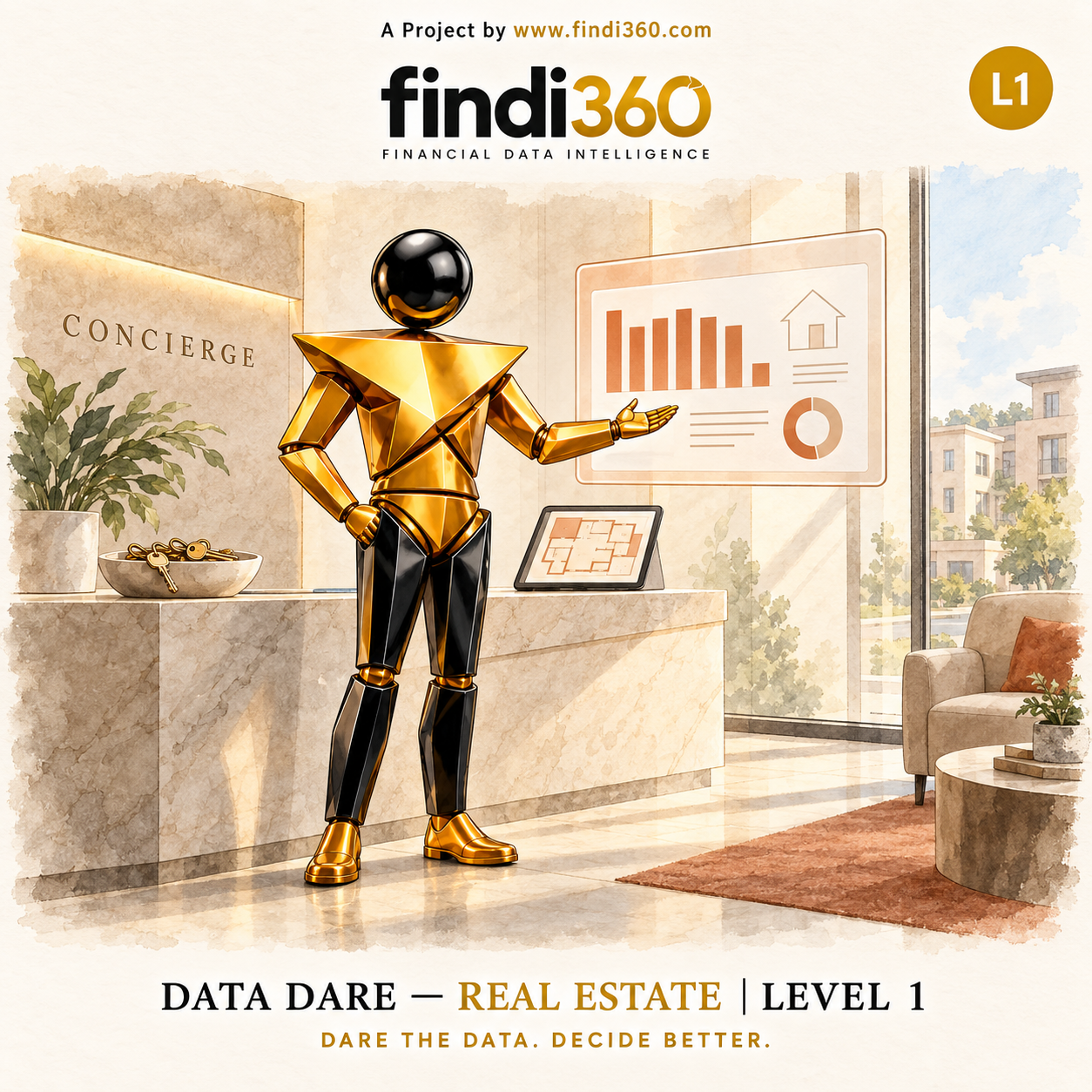Data Dare real estate L1 sticker: the findi360 mascot analysing Residential Rental Income and Occupancy.