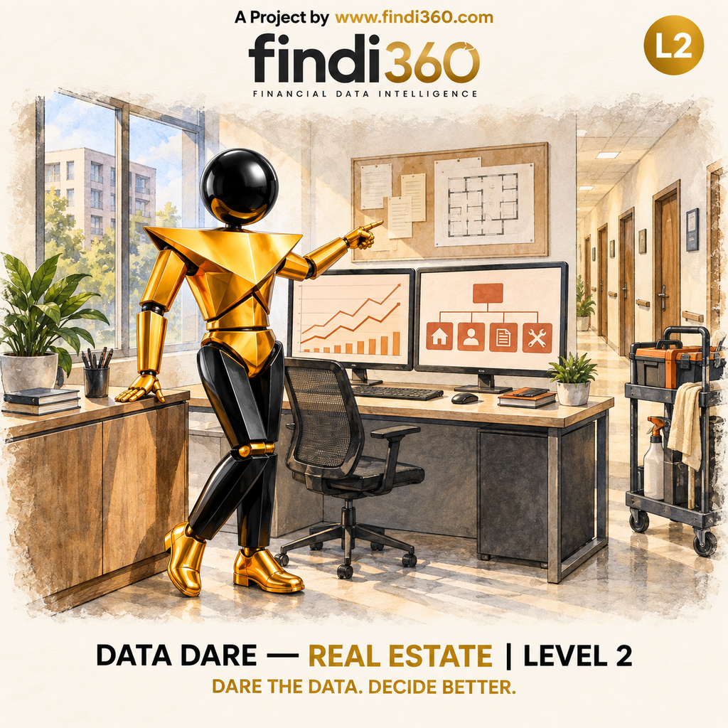 Data Dare real estate L2 sticker: the findi360 mascot analysing Lease Billing, Collections and Property Maintenance.