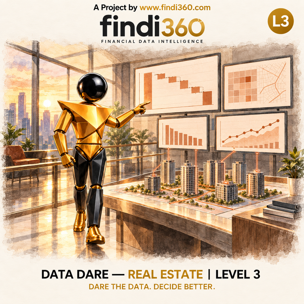 Data Dare real estate L3 sticker: the findi360 mascot analysing Property Portfolio Profitability and Revenue Leakage.