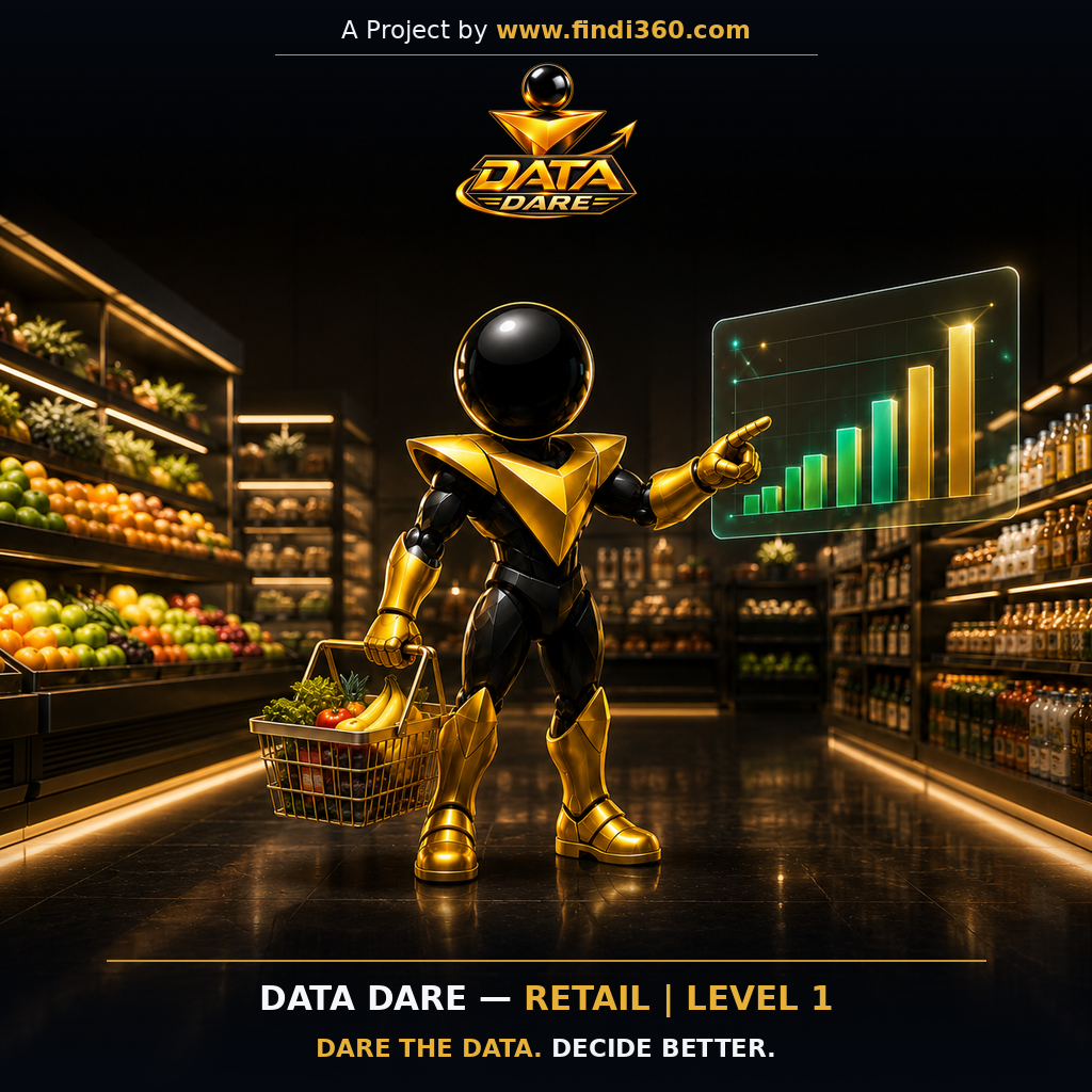 Data Dare retail L1 sticker: the findi360 mascot analysing Daily Grocery Sales and Store Performance.