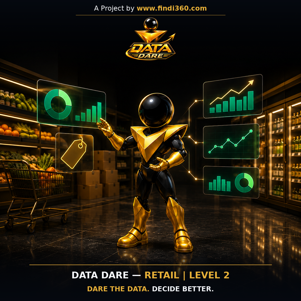 Data Dare retail L2 sticker: the findi360 mascot analysing Inventory, Promotions and Product Profitability.