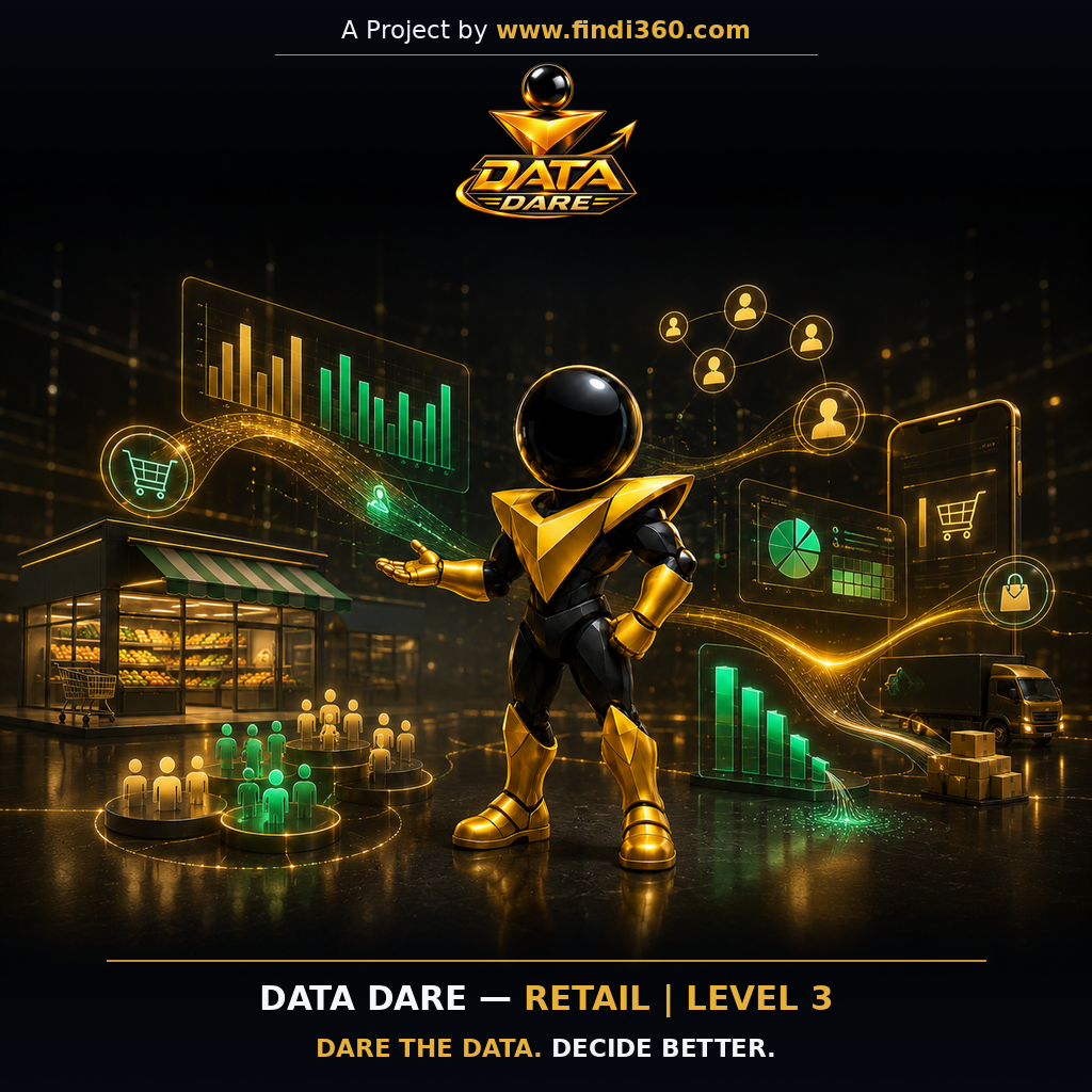 Data Dare retail L3 sticker: the findi360 mascot analysing Omnichannel Sales, Customer Behaviour and Commercial Risk.