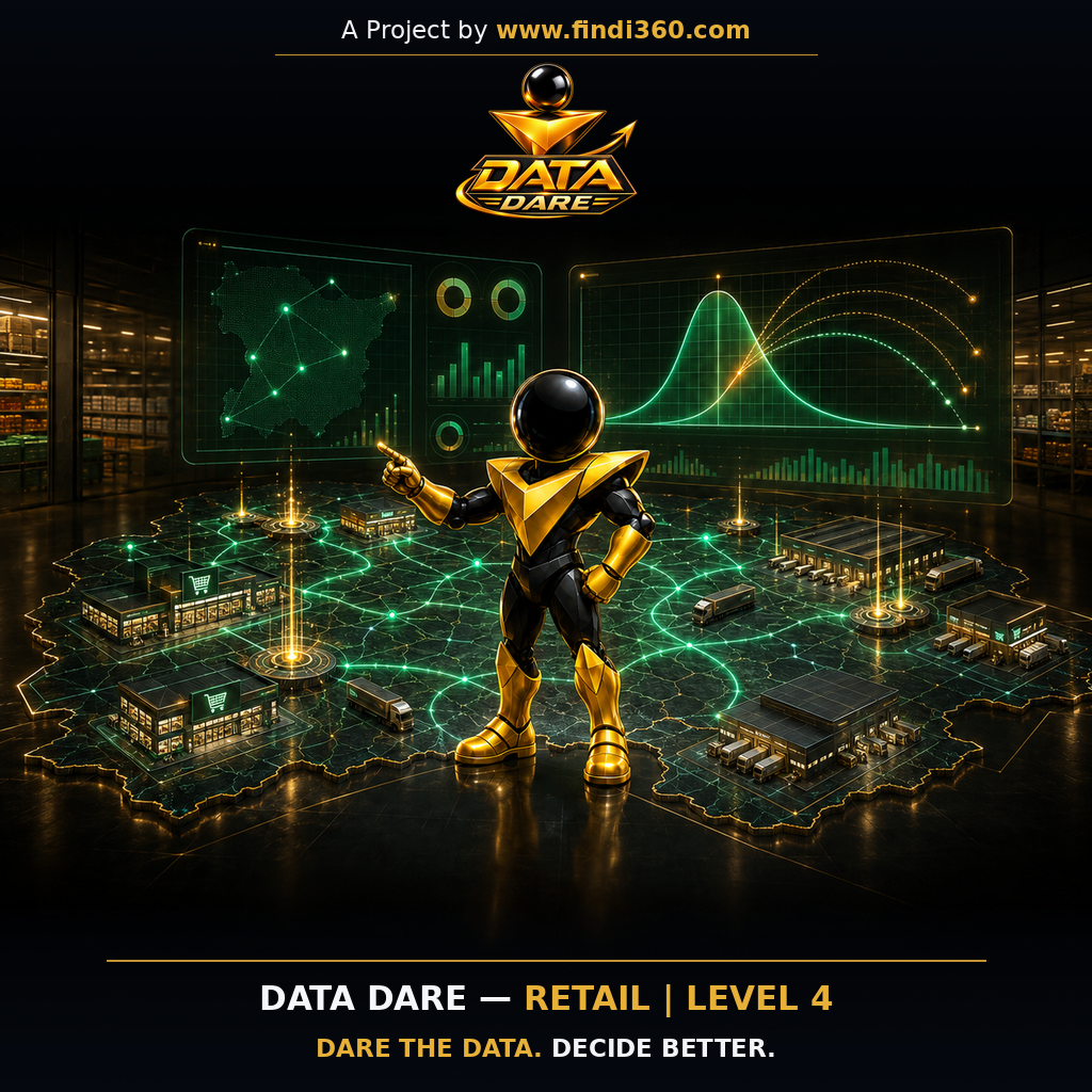 Data Dare retail L4 sticker: the findi360 mascot analysing Enterprise Retail Profitability and Inventory Optimisation.